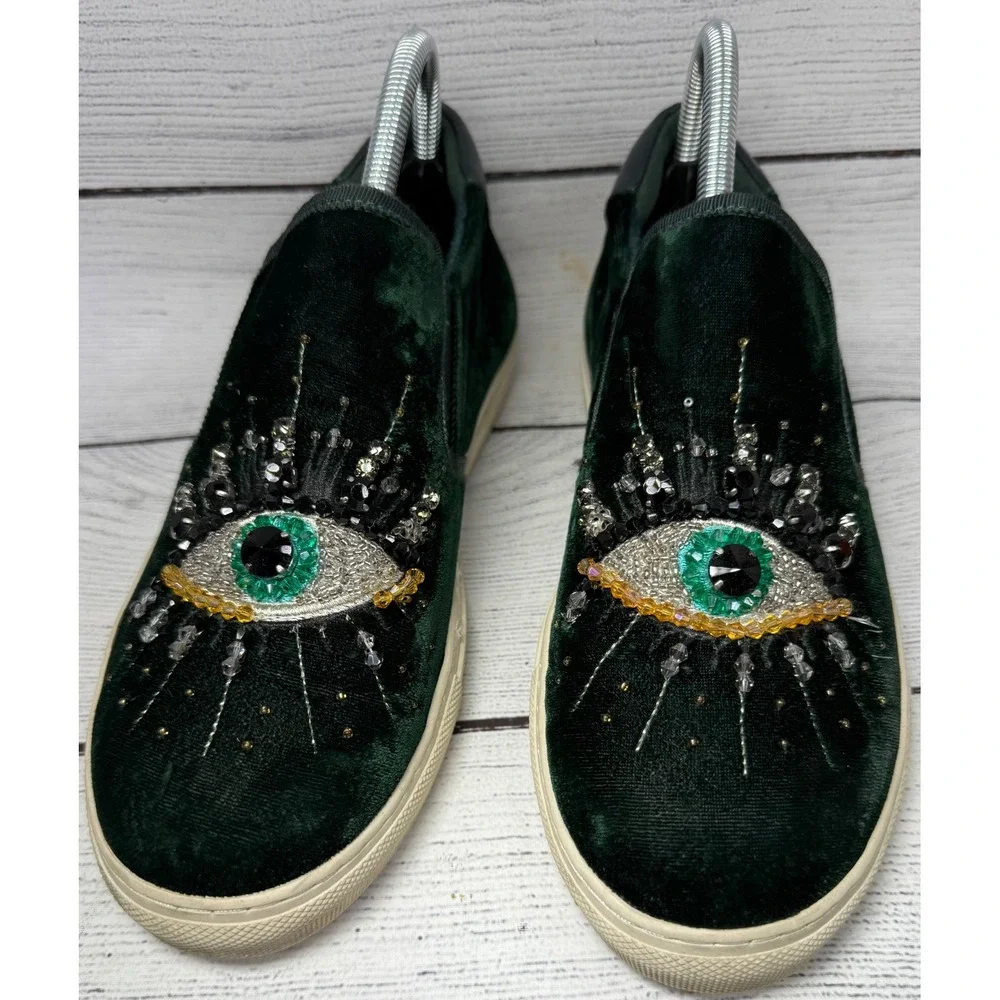 Kurt Geiger London Velvet Embellished‎ Evil Eye Slip On Sneakers Shoes Women